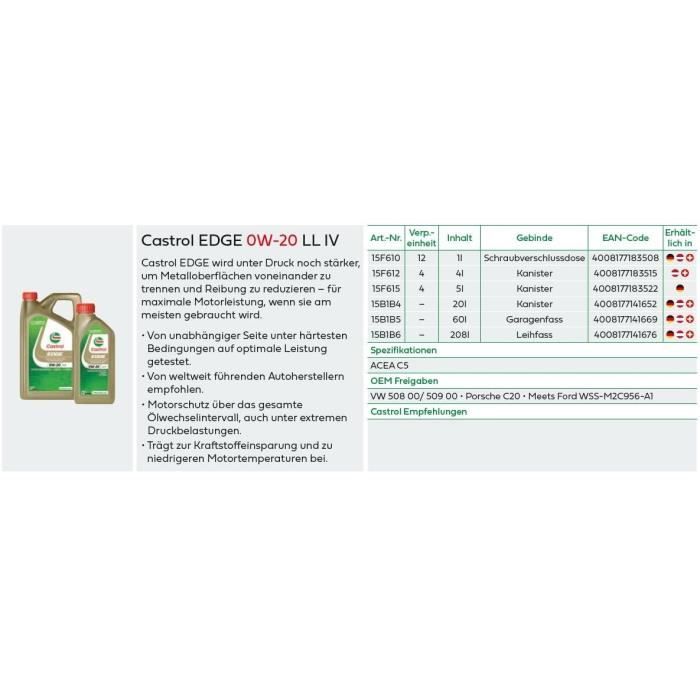 Huile moteur - CASTROL EDGE 0W-20 LL IV - 1L - 0W20