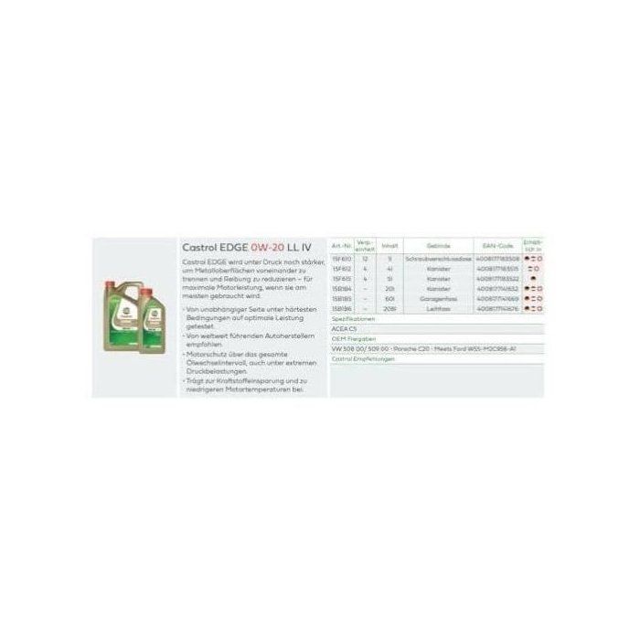 Huile moteur - CASTROL EDGE 0W-20 LL IV - 1L - 0W20