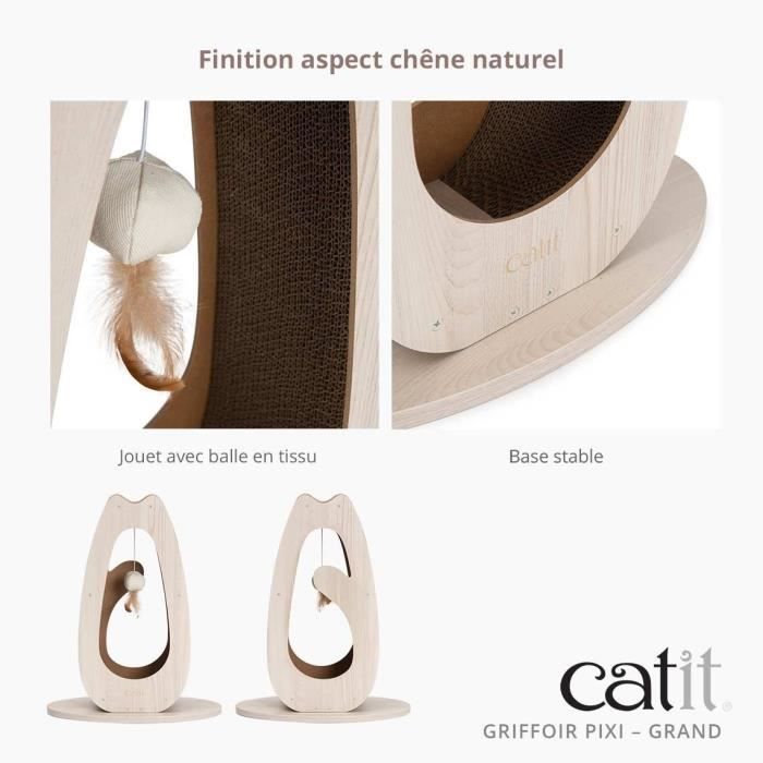 Griffoir pour chat - CATIT - Pixi Grand - Avec balle en tissu et plume - Aspect chene naturel