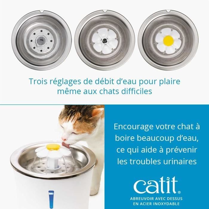 Fontaine a eau pour chat a fleur - CATIT - Flower - 3L - Dessus en acier inoxydable - Avec LED - Blanc