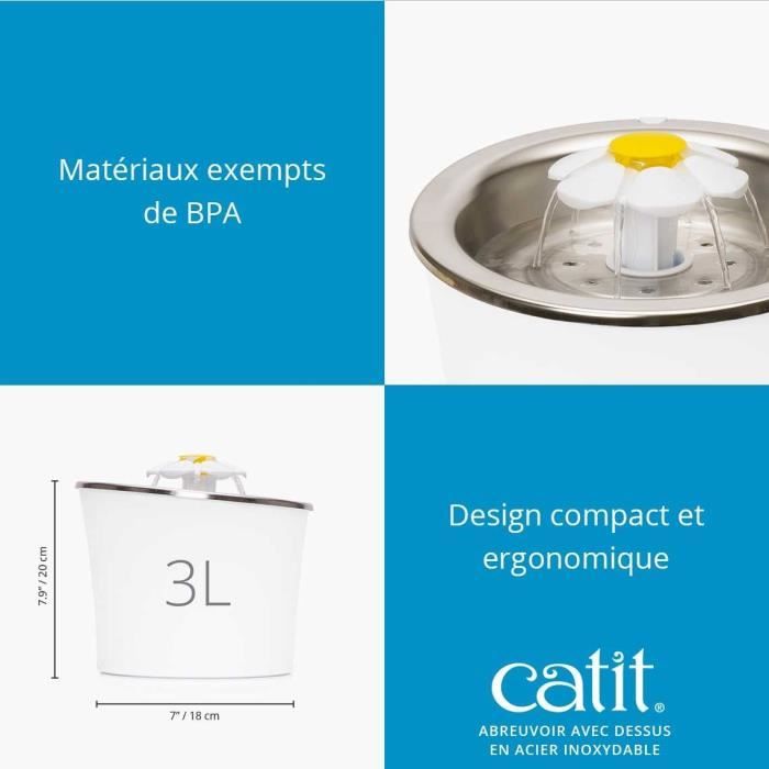 Fontaine a eau pour chat a fleur - CATIT - Flower - 3L - Dessus en acier inoxydable - Avec LED - Blanc