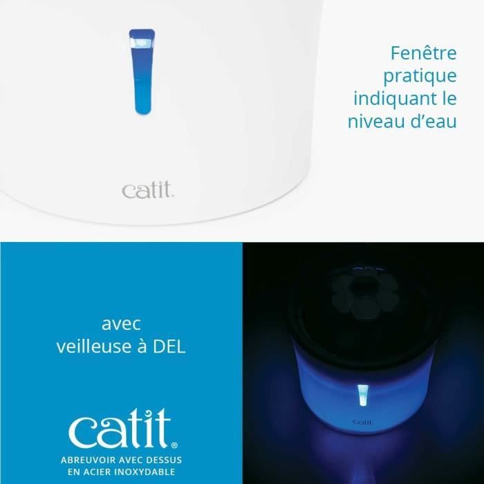 Fontaine a eau pour chat a fleur - CATIT - Flower - 3L - Dessus en acier inoxydable - Avec LED - Blanc