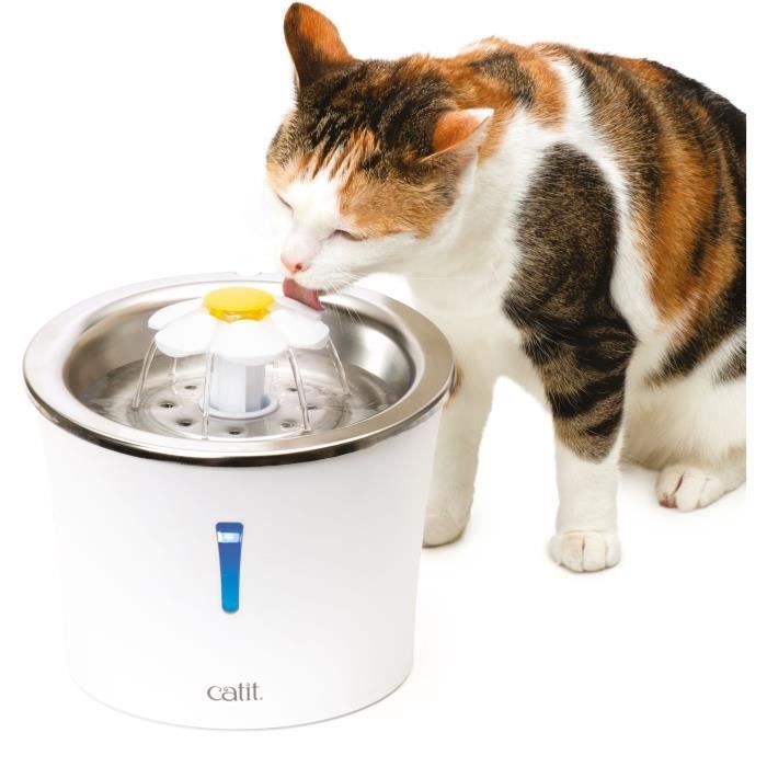 Fontaine a eau pour chat a fleur - CATIT - Flower - 3L - Dessus en acier inoxydable - Avec LED - Blanc