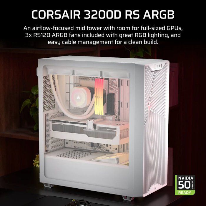 Boîtier PC - CORSAIR - 3200D RS ARGB - Moyen Tour - 3 ventilateurs RS120 ARGB - Blanc