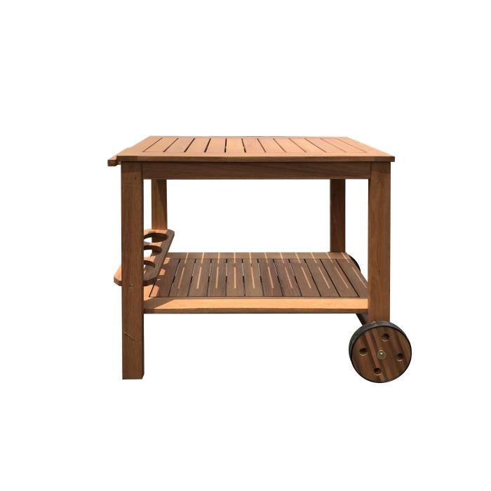 Desserte de jardin a roulettes en bois d'acacia FSC - SOLIS - Avec porte-bouteilles - Bois naturel - 94 x 49,3 x 74 cm