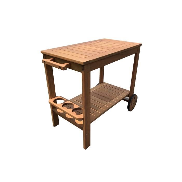 Desserte de jardin a roulettes en bois d'acacia FSC - SOLIS - Avec porte-bouteilles - Bois naturel - 94 x 49,3 x 74 cm