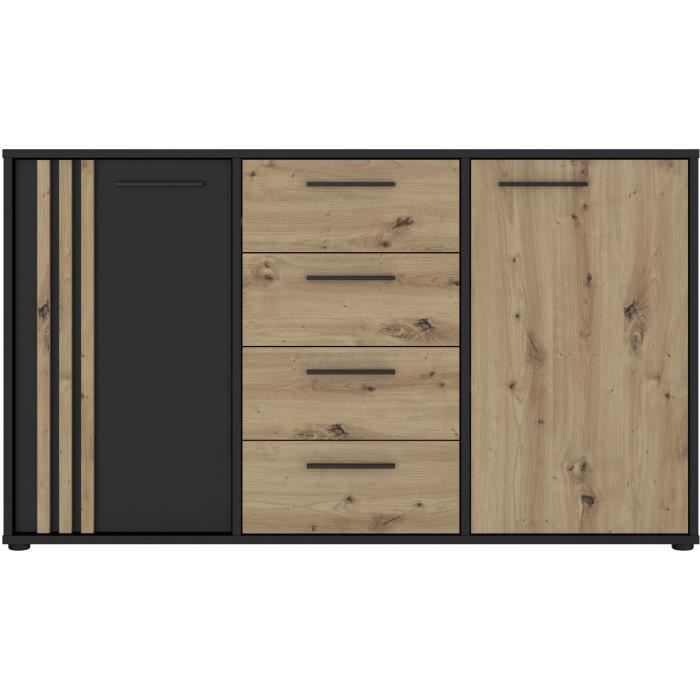 Buffet CARDIGAN 2 portes, 4 tiroirs - Décor chene artisan et noir - L142,6 x P34,2 x H82,3 cm - Poignées en métal noir