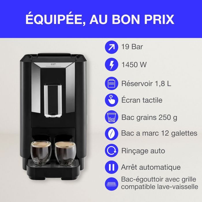 Machine Expresso broyeur - CONTINENTAL EDISON - CECFAUTOB - 19 Bar - 1450 W - Noir