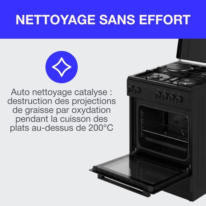 Cuisiniere mixte CONTINENTAL EDISON CECM60FCB - 3 feux gaz + 1 électrique - L59,8 x P61 xH83 cm - Noir