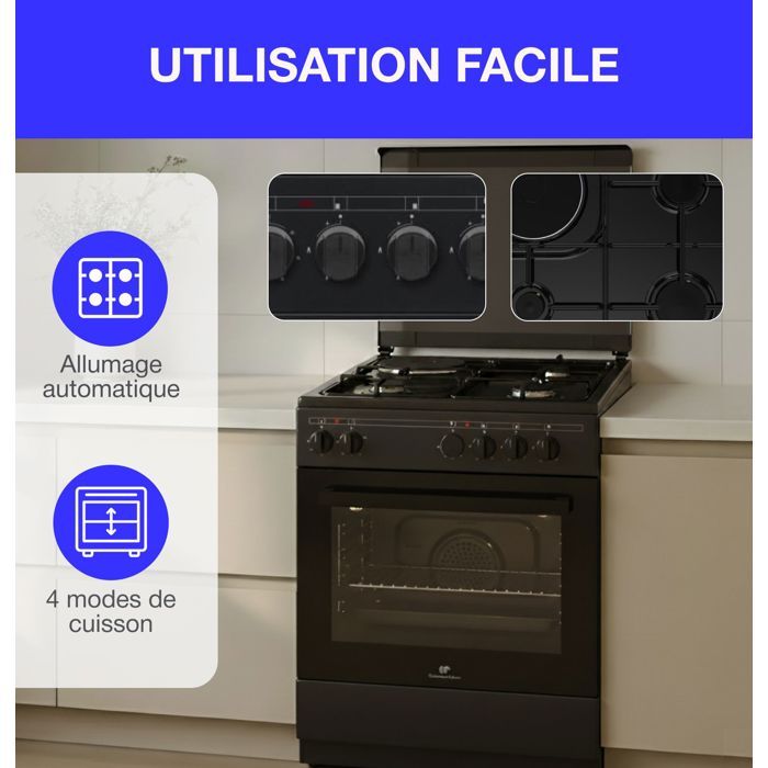 Cuisiniere mixte CONTINENTAL EDISON CECM60FCB - 3 feux gaz + 1 électrique - L59,8 x P61 xH83 cm - Noir