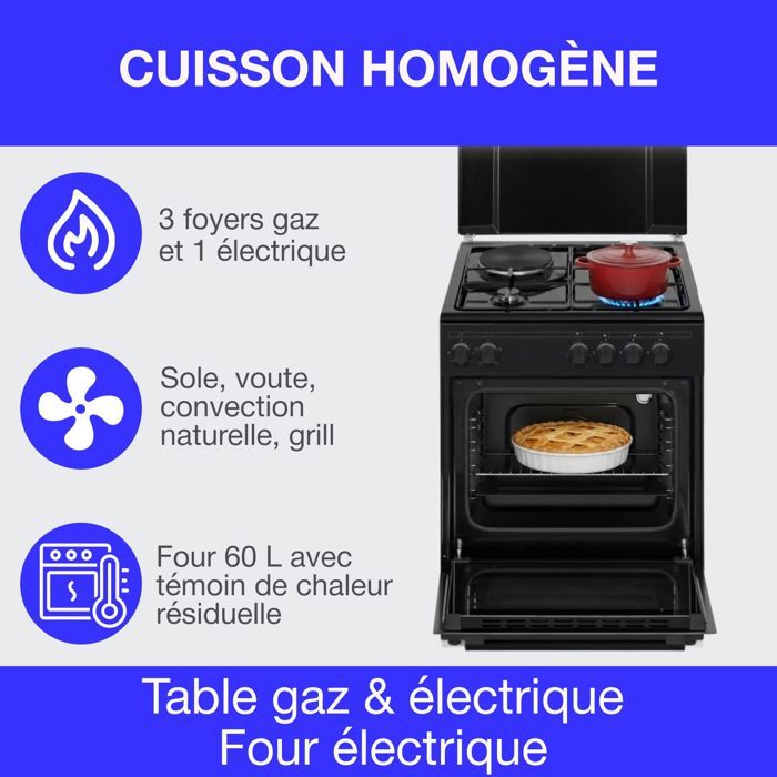 Cuisiniere mixte CONTINENTAL EDISON CECM60FCB - 3 feux gaz + 1 électrique - L59,8 x P61 xH83 cm - Noir