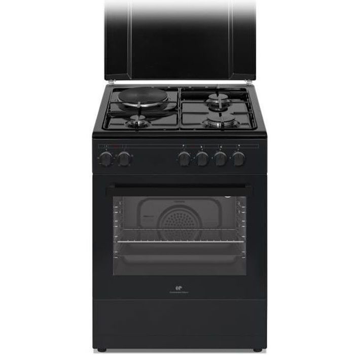Cuisiniere mixte CONTINENTAL EDISON CECM60FCB - 3 feux gaz + 1 électrique - L59,8 x P61 xH83 cm - Noir