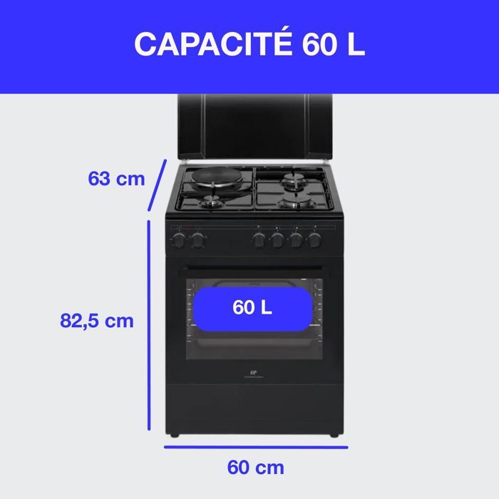 Cuisiniere mixte CONTINENTAL EDISON CECM60FCB - 3 feux gaz + 1 électrique - L59,8 x P61 xH83 cm - Noir