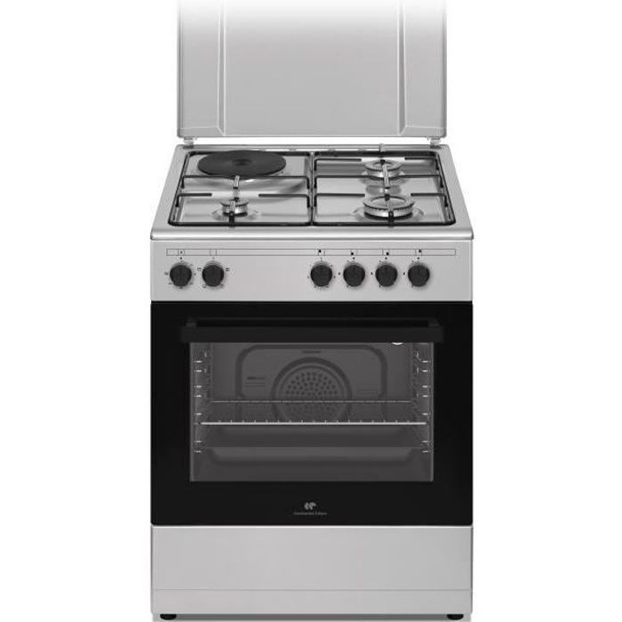 Cuisiniere mixte CONTINENTAL EDISON CECM60FCS - 3 feux gaz + 1 électrique - L59,8 x P61 xH83 cm - Silver
