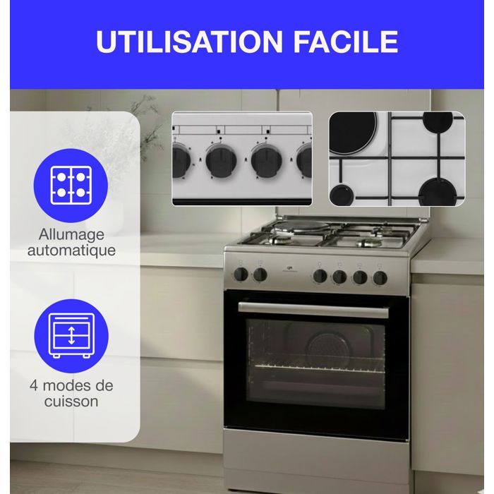 Cuisiniere mixte CONTINENTAL EDISON CECM60FCS - 3 feux gaz + 1 électrique - L59,8 x P61 xH83 cm - Silver