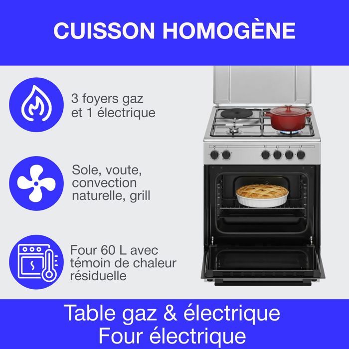 Cuisiniere mixte CONTINENTAL EDISON CECM60FCS - 3 feux gaz + 1 électrique - L59,8 x P61 xH83 cm - Silver