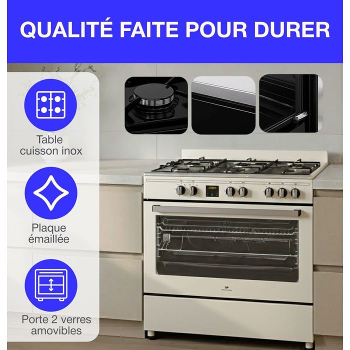 Cuisiniere piano four multifonctions catalyse - CONTINENTAL EDISON - CECP9060CD - 95 L - L90 x H85 cm - Creme / Inox