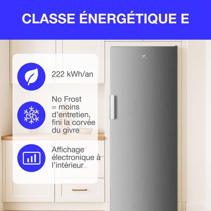 Congélateur armoire 204L - Total No Frost (Sans givre) - Classe E - Silver - L54 cm x H171 cm