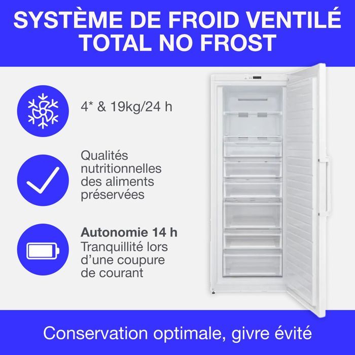 Congélateur armoire 406L -Total No Frost - dégivrage automatique - Classe E - L70 cm x H191 cm x P75,5 cm - Blanc
