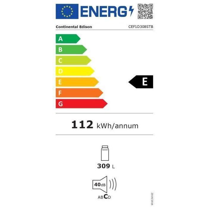 Réfrigérateur - CONTINENTAL EDISON - CEF1D308STB - 1 porte - 308 L - L 59,5 x P 65 x H 155 cm - Noir