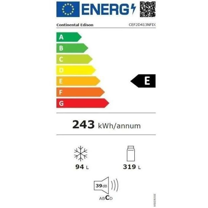 Réfrigérateur congélateur haut - CONTINENTAL EDISON - 413L - Total No Frost(Sans givre) - inox - L70 cm x H 178 cm