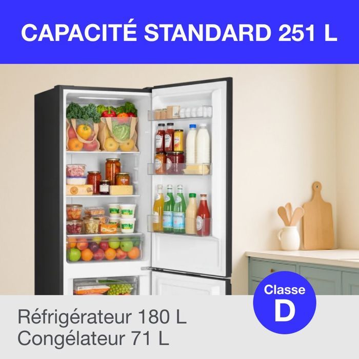 Réfrigérateur congélateur bas 251L - CONTINENTAL EDISON - Total No Frost(Sans givre) - Noir - Classe D - L 54 cm x H 180 cm