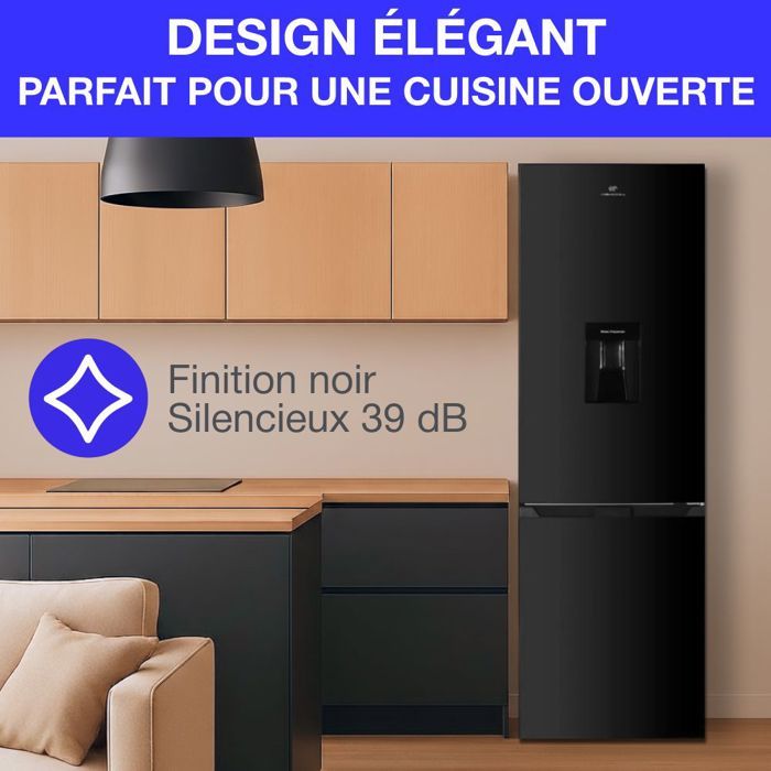 Réfrigérateur congélateur bas 251L - CONTINENTAL EDISON - Total No Frost(Sans givre) - Noir - Classe D - L 54 cm x H 180 cm