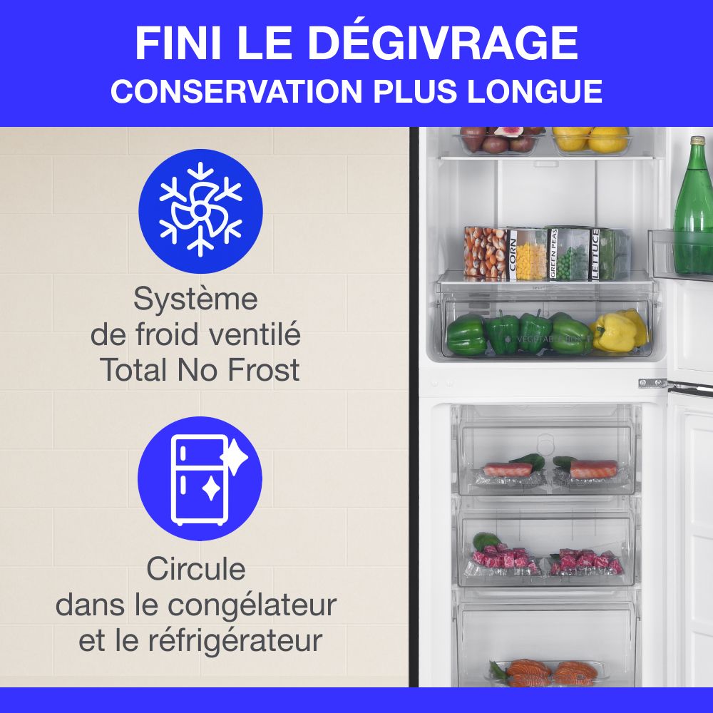 Réfrigérateur congélateur bas CONTINENTAL EDISON - 251L -Total No Frost(Sans givre) - Noir - L 55 cm x H 180 cm