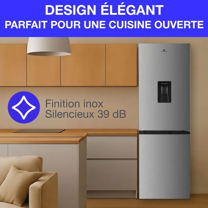Réfrigérateur congélateur bas 251L - CONTINENTAL EDISON - Total No Frost - Inox - Classe D - L 54 cm x H 180 cm