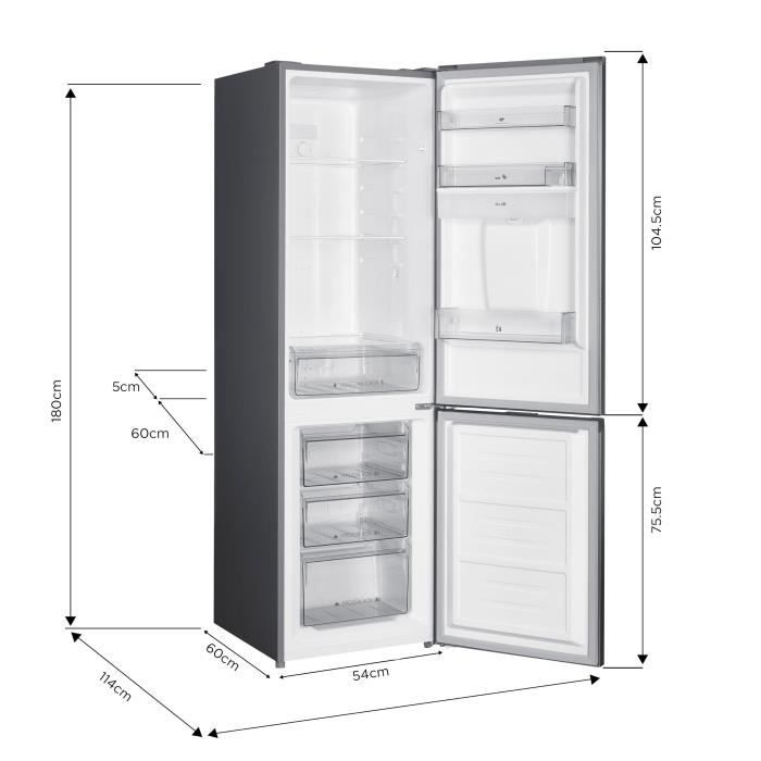 Réfrigérateur congélateur bas 251L - CONTINENTAL EDISON - Total No Frost - Inox - Classe D - L 55 cm x H 180 cm
