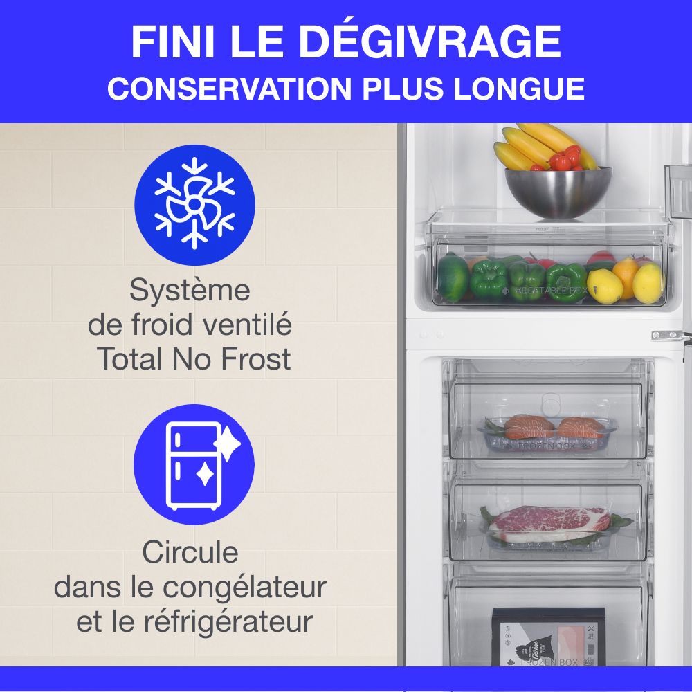 Réfrigérateur congélateur bas CONTINENTAL EDISON - 251L -Total No Frost(Sans givre) - Inox - L 55 cm x H 180 cm