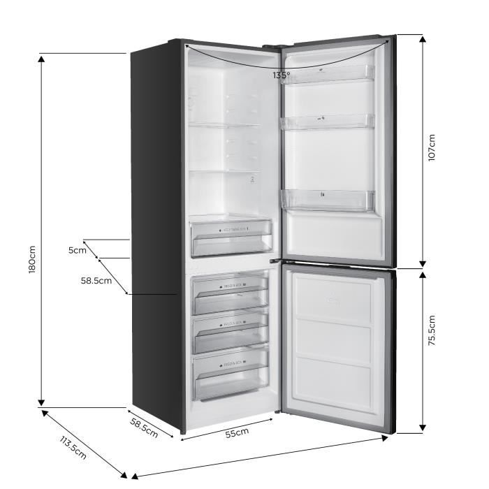 RÈfrigÈrateur congÈlateur bas CONTINENTAL EDISON - 293L - Total No Frost(Sans givre) - 39 dB - L60 cmxH186cm - inox