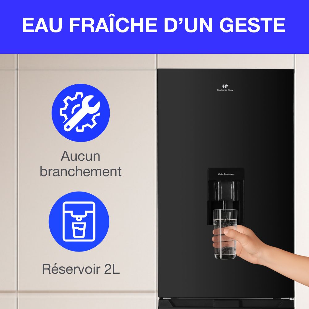Réfrigérateur congélateur bas - CONTINENTAL EDISON - 325L - Total No Frost (Sans givre) - distributeur d'eau- Noir