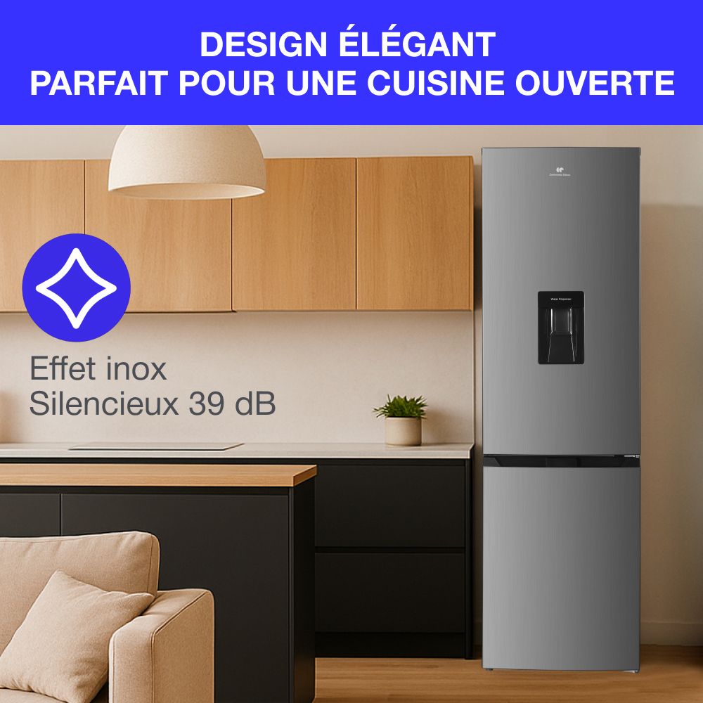 Réfrigérateur congélateur bas - CONTINENTAL EDISON - 325L - Total No Frost (Sans givre)- distributeur d'eau- Inox