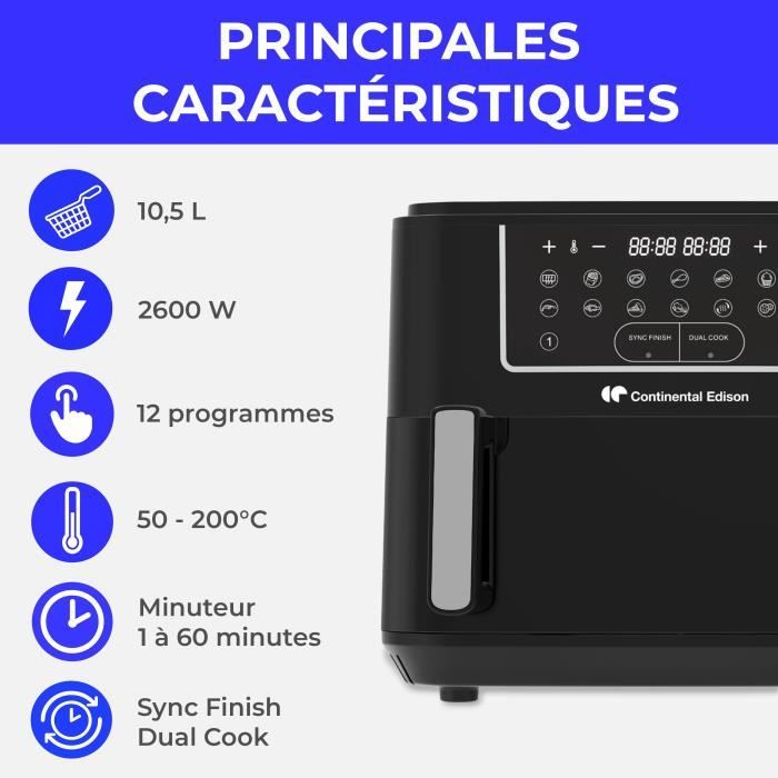 Friteuse a air sans huile - CONTINENTAL EDISON - CEFR2400TB - 2600 W - 10,5 L - Noir