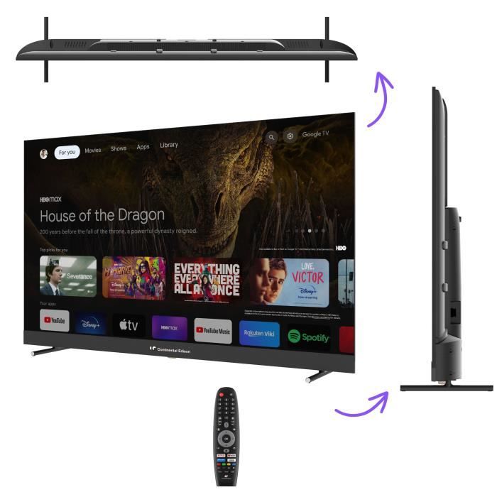 CONTINENTAL EDISON - CELEDGAM55QV24B6 - TV 4K UHD QLED Gaming 144Hz - 55'' (139 cm) - Smart Google - Wifi Bluetooth - 4xHDMI 3xUSB