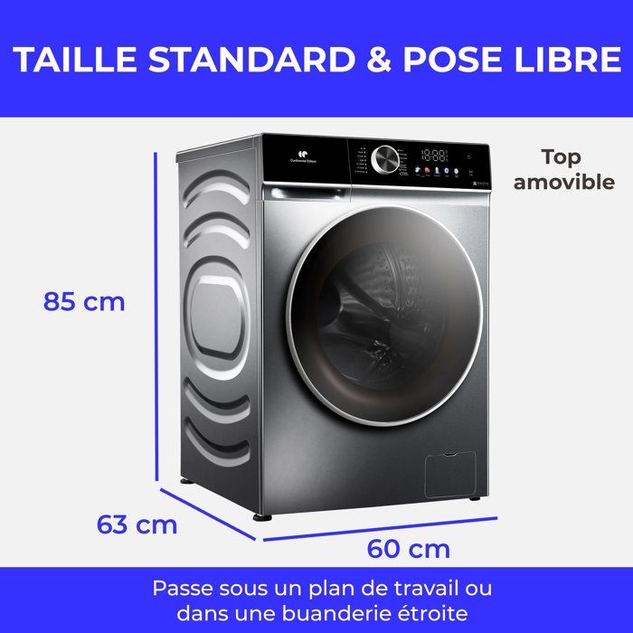 Lave-linge hublot - CONTINENTAL EDISON - CELL1012DDS1 - 10kg - MOTEUR INDUCTION DIRECTE SANS COURROIE -60 cm - 1200 trs/min - Silver