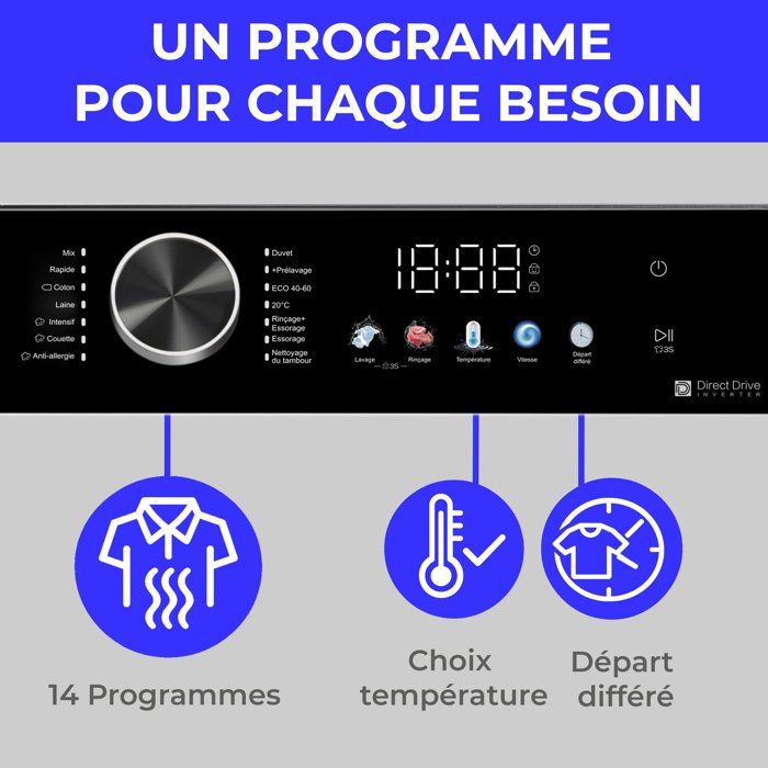 Lave-linge hublot - CONTINENTAL EDISON - CELL1012DDS1 - 10kg - MOTEUR INDUCTION DIRECTE SANS COURROIE -60 cm - 1200 trs/min - Silver
