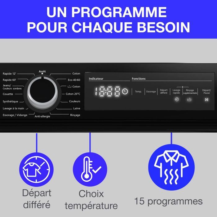 Lave-linge hublot CONTINENTAL EDISON CELL12140IBT - 12 kg - Largeur 59,6 cm - Classe A - 1400 trs/min - moteur induction - noir mat