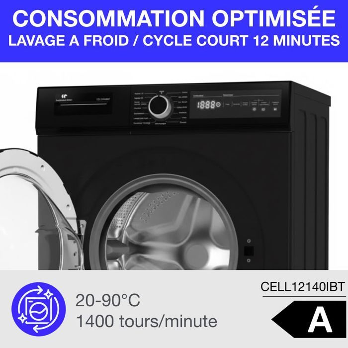 Lave-linge hublot CONTINENTAL EDISON CELL12140IBT - 12 kg - Largeur 59,6 cm - Classe A - 1400 trs/min - moteur induction - noir mat