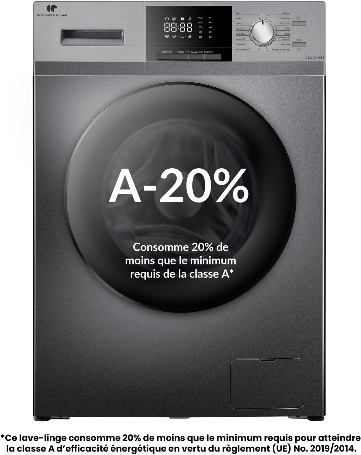 Lave-linge hublot - CONTINENTAL EDISON - CELL12140ISP - 12kg - Induction - 60 cm - 1400 trs/min - Silver