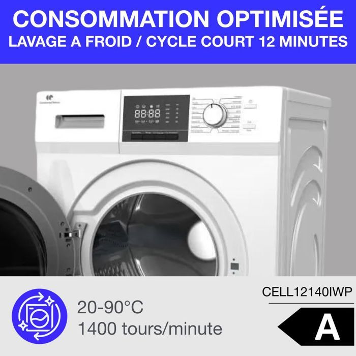 Lave-linge hublot - CONTINENTAL EDISON - CELL12140IWP - 12kg - Induction - 60 cm - 1400 trs/min - Blanc