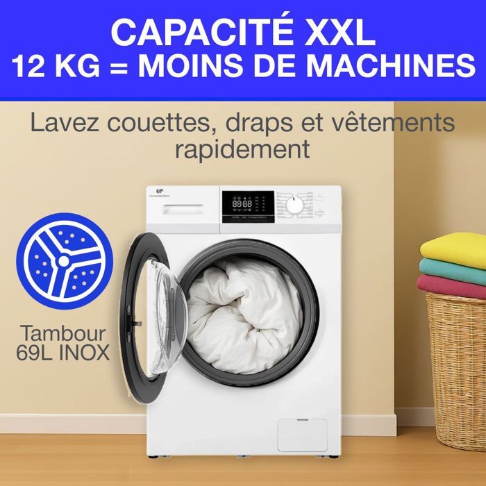 Lave-linge hublot - CONTINENTAL EDISON - CELL12140IWP - 12kg - Induction - 60 cm - 1400 trs/min - Blanc
