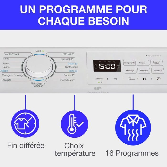 Lave-linge top - CONTINENTAL EDISON CELL712TW - 7 kg - Induction - 40 cm - 1200 trs/min - Blanc
