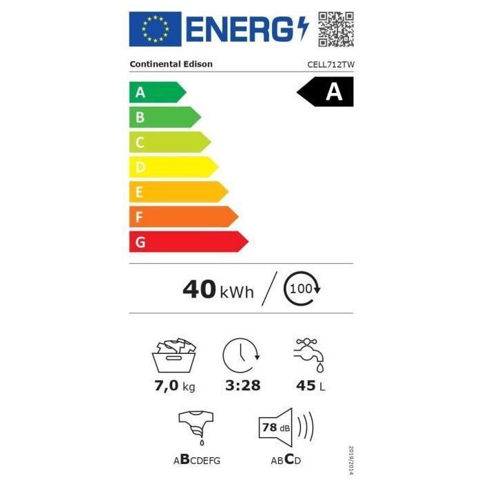 Lave-linge top - CONTINENTAL EDISON CELL712TW - 7 kg - Induction - 40 cm - 1200 trs/min - Blanc