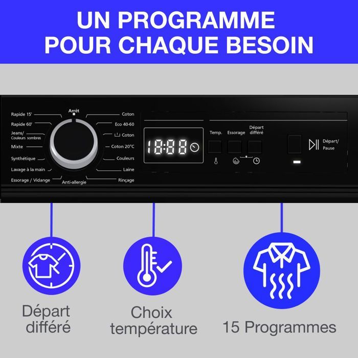 Lave-linge hublot CONTINENTAL EDISON CELL7140IB - 7kg - Largeur 59,6 cm - Classe A - 1400 trs/min - moteur induction - noir mat