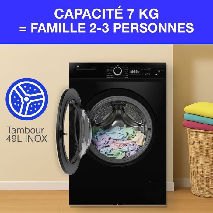 Lave-linge hublot CONTINENTAL EDISON CELL7140IB - 7kg - Largeur 59,6 cm - Classe A - 1400 trs/min - moteur induction - noir mat