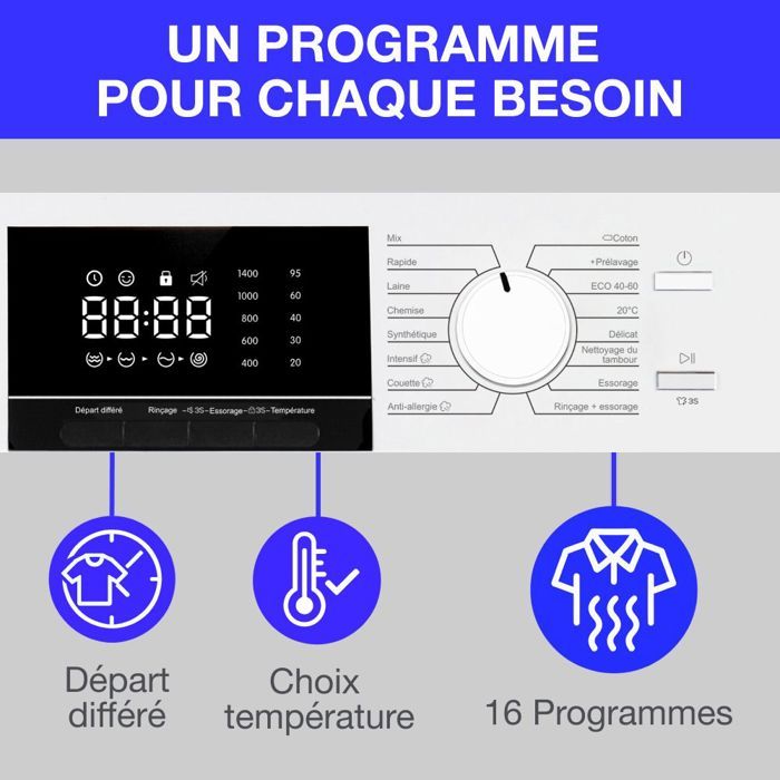 Lave-linge hublot - CONTINENTAL EDISON - CELL8140IW1 - 8kg - Moteur induction - 60 cm - 1400 trs/min - Blanc