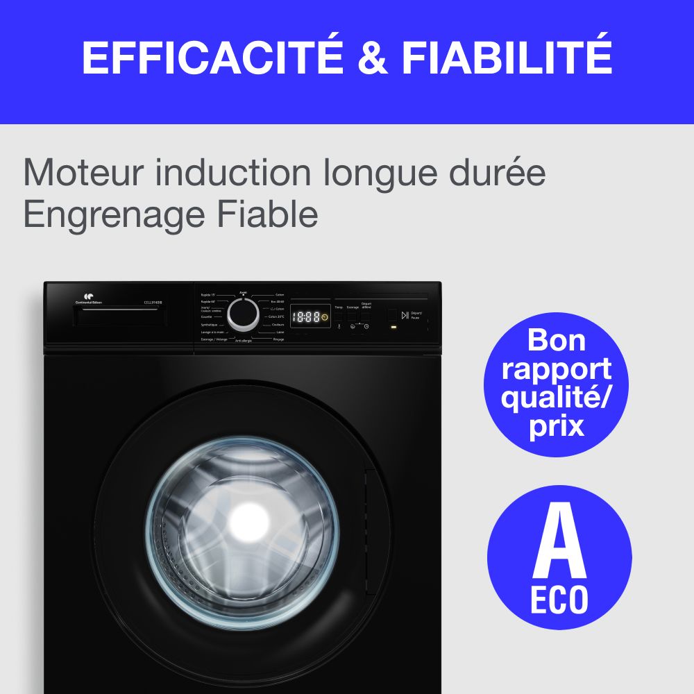 Lave-linge hublot CONTINENTAL EDISON CELL9140IB - 9kg - Largeur 59,6 cm - Classe A - 1400 trs - moteur induction - noir mat