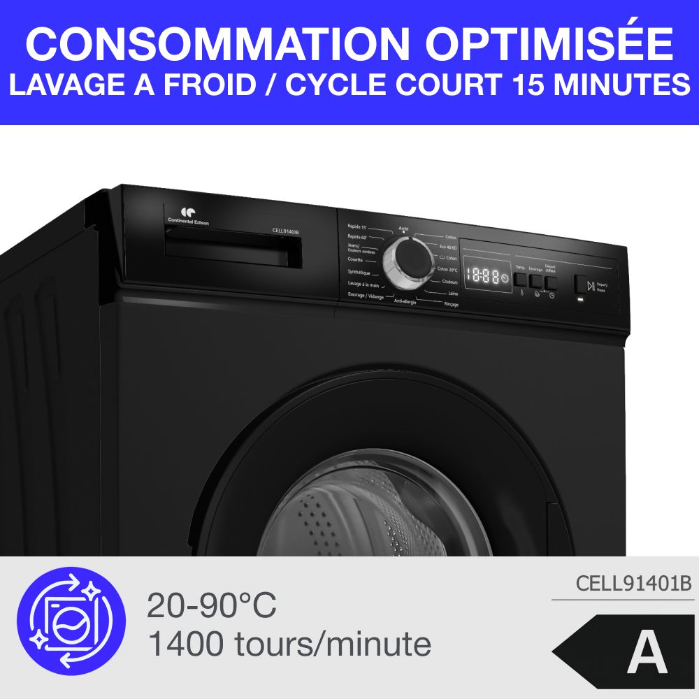 Lave-linge hublot CONTINENTAL EDISON CELL9140IB - 9kg - Largeur 59,6 cm - Classe A - 1400 trs - moteur induction - noir mat